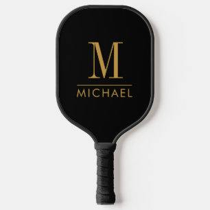 Modern Minimal Monogram Gold Name Custom Black Pickleball Paddle