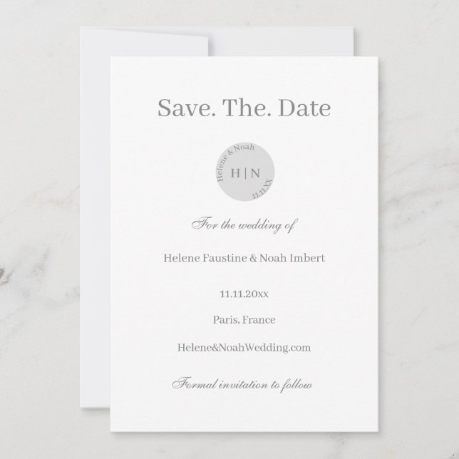Modern Minimal Monogram Grey White Save The Date Invitation (Front)