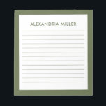 Modern Minimal Monogram Name Olive Notepad<br><div class="desc">A professional lined notepad with a minimalist design in an olive green and white colour palette. Custom monogram initial and name on a simple white background,  framed by an olive border. Personalise using the fields provided or use the 'message' button to contact the designer for help.</div>