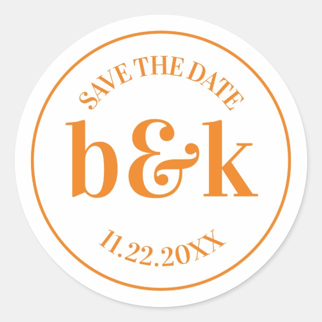 Modern Minimal Monogram Save Date Orange Wedding Classic Round Sticker (Front)