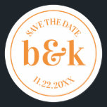 Modern Minimal Monogram Save Date Orange Wedding Classic Round Sticker<br><div class="desc">Modern,  minimal,  minimalist wedding design with big bold letters in orange tone colour (colour,  font,  text,  size can be changed).  SAVE THE DATE with date and bride and groom monograms (initials).  Perfect for that young couple; fall/autumn wedding.</div>
