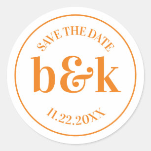 Modern Minimal Monogram Save Date Orange Wedding Classic Round Sticker