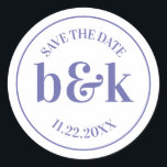 Modern Minimal Monogram Save Date PURPLE Wedding  Classic Round Sticker<br><div class="desc">Modern,  minimal,  minimalist wedding design with big bold letters in orange tone colour lilac mauve (colour,  font,  text,  size can be changed).  SAVE THE DATE with date and bride and groom monograms (initials).  Perfect for that young couple; fall/autumn wedding.</div>