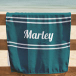 Modern Minimal Monogram Script Template Blue Green Beach Towel<br><div class="desc">Custom minimal design features an easy to use template for name or text up to eleven letters in modern script and a double frame border. Script and border are in white on a trendy new cyan blue green background. Colour of background and font are easily changed with the Zazzle design...</div>