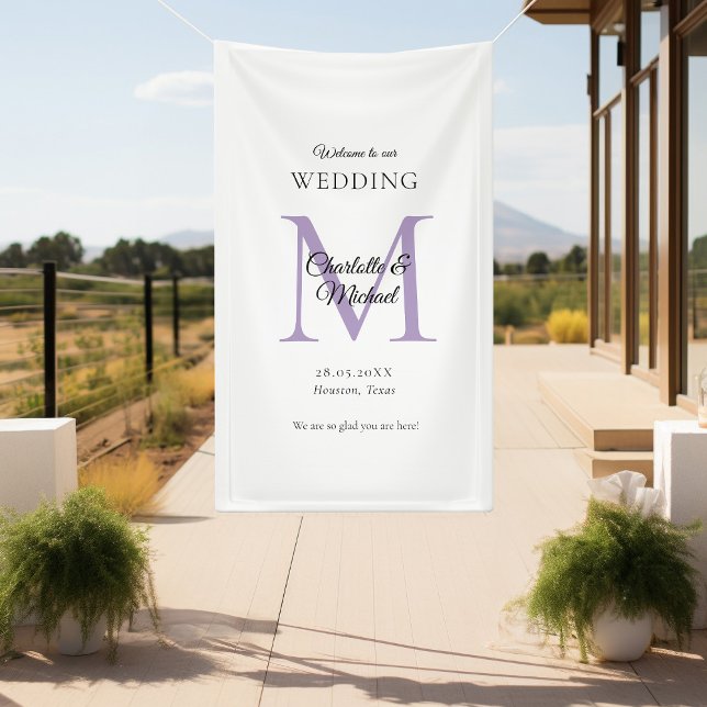 Modern Minimal Monogram Wedding Welcome  Banner (Modern, Minimal, Monogram, Luxury, White-Purple, Wedding Welcome Banner.)