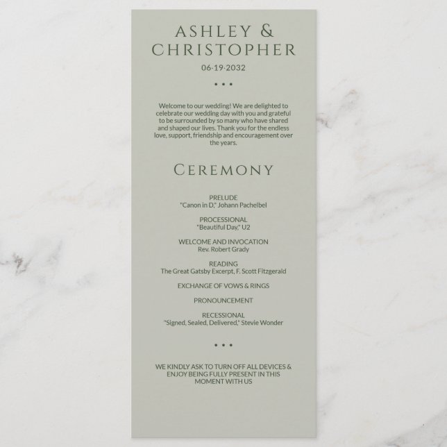 Modern Minimal Moss & Sage Green Wedding Ceremony Programme (Front)