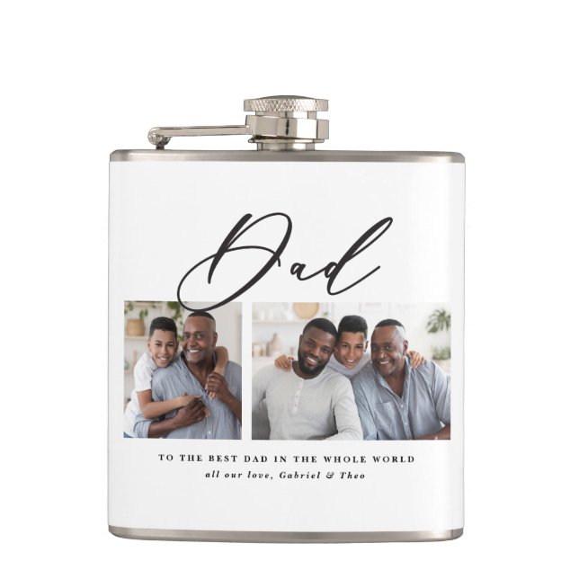 Modern minimal multi photo script dad gift hip flask (Front)