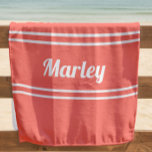 Modern Minimal Name Monogram Script Template Coral Beach Towel<br><div class="desc">Custom minimal design features an easy to use template for name or text up to eleven letters in modern script and a double frame border. Script and border are in white on a trendy coral background. Colour of background and font are easily changed with the Zazzle design tool section. Be...</div>