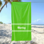Modern Minimal Name Monogram Script Template Green Beach Towel<br><div class="desc">Custom minimal design features an easy to use template for name or text up to eleven letters in modern script and a double frame border. Script and border are in white on a bright green background. Colour of background and font are easily changed with the Zazzle design tool section. Be...</div>