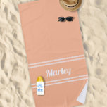 Modern Minimal Name Monogram Script Trendy Peach Beach Towel<br><div class="desc">Custom minimal design features an easy to use template for name or text up to eleven letters in modern script and a double frame border. Script and border are in white on a trendy peach orange background. Colour of background and font are easily changed with the Zazzle design tool section....</div>