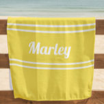 Modern Minimal Name Monogram Script Trendy Yellow Beach Towel<br><div class="desc">Custom minimal design features an easy to use template for name or text up to eleven letters in modern script and a double frame border. Script and border are in white on a trendy illuminating yellow background. Colour of background and font are easily changed with the Zazzle design tool section....</div>