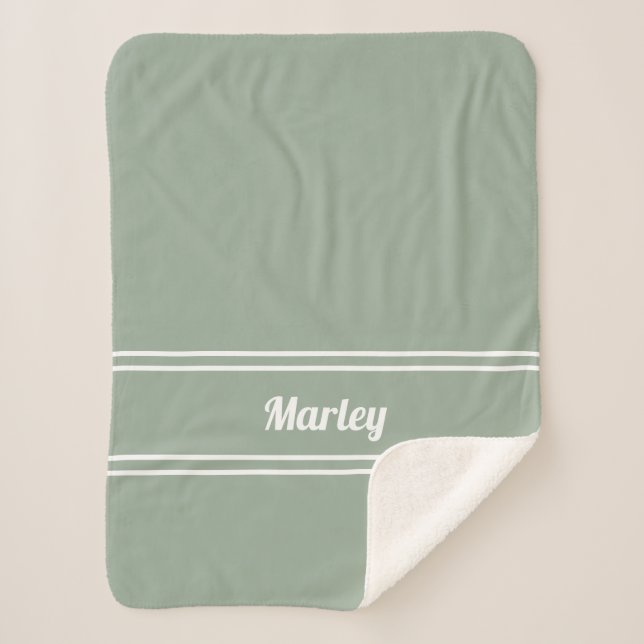 Modern Minimal Name Monogrammed Script Sage Green Sherpa Blanket (Front)
