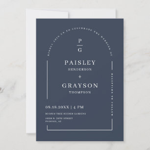 Modern Minimal Navy Arch QR Code Wedding Photo Invitation