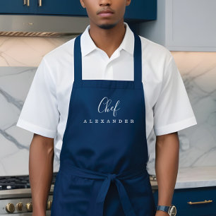 Modern Minimal Navy Blue Chef Kitchen Custom Name Apron