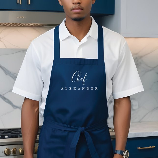 Modern Minimal Navy Blue Chef Kitchen Custom Name Apron (Modern Minimal Navy Blue Chef Kitchen Custom Name Apron)