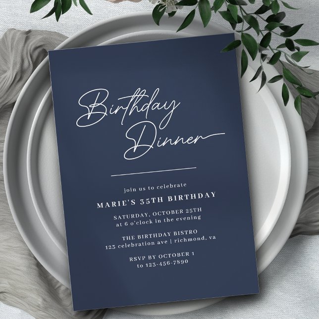 Modern Minimal Navy Blue | Elegant Birthday Dinner Invitation (Creator Uploaded)