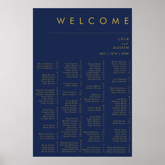 Modern Minimal Navy Blue Gold Alphabetical Seating Poster (Front)