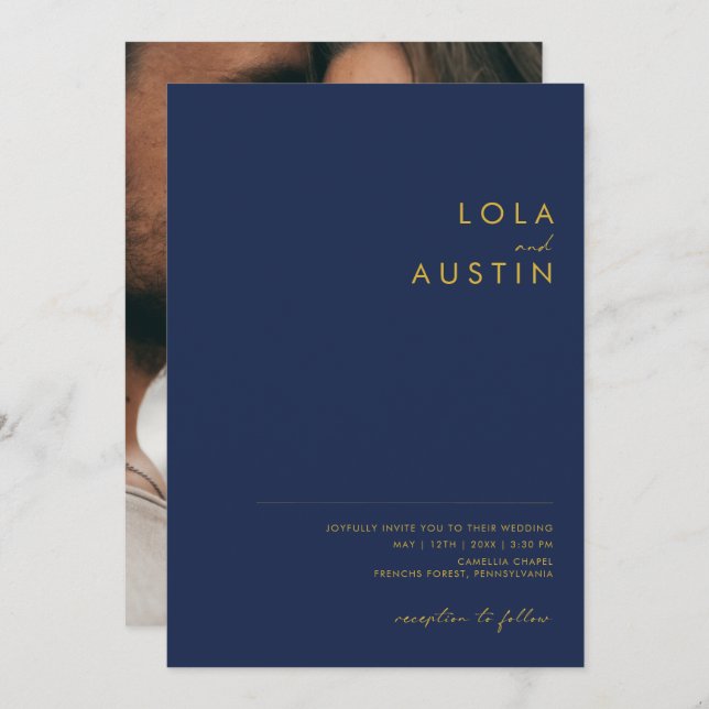 Modern Minimal Navy Blue Gold Casual Photo Wedding Invitation (Front/Back)