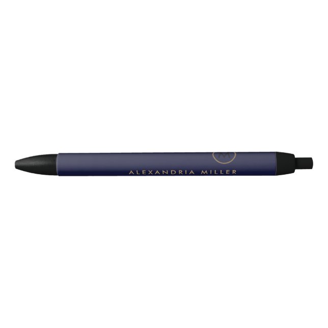 Modern Minimal Navy Blue Gold Monogram Black Ink Pen (Front)