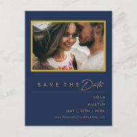 Modern Minimal Navy Blue Gold Photo Save The Date