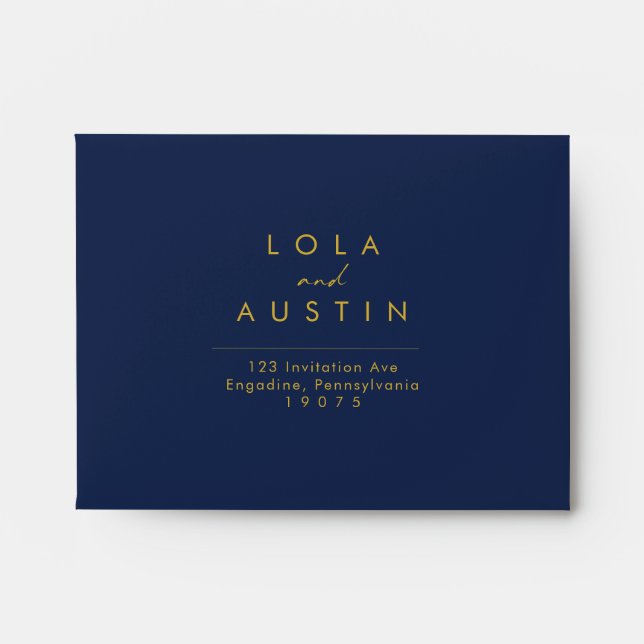 Modern Minimal Navy Blue Gold Self Addressed RSVP Envelope (Front)