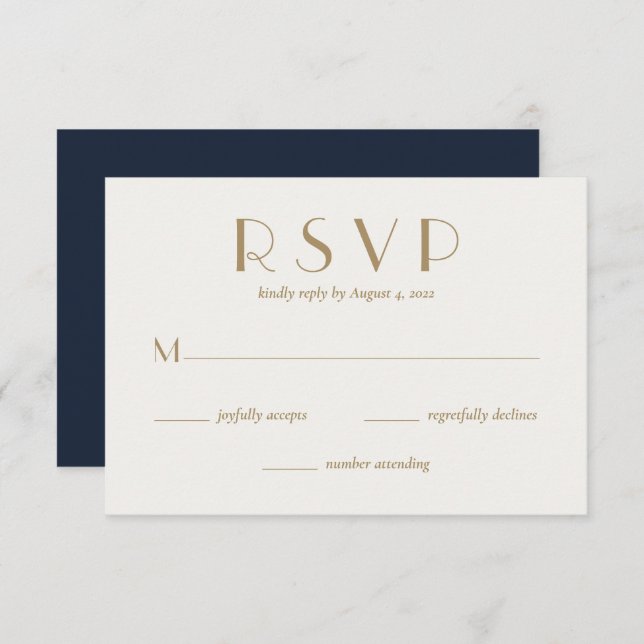 Modern Minimal Navy Blue Gold Wedding  RSVP Card (Front/Back)