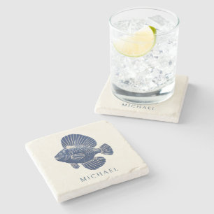 Modern Minimal Navy Blue Nautical Fish Custom Name Stone Coaster