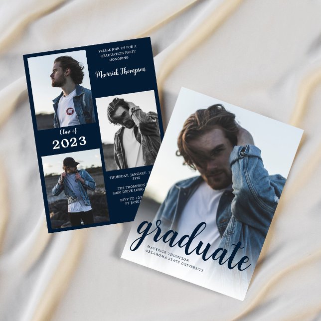 Modern Minimal Navy Blue Photo Graduation Party Invitation (Creator Uploaded)