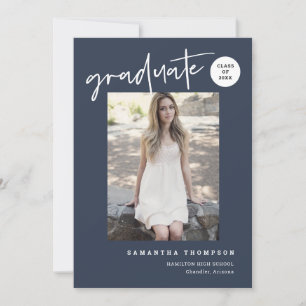 Modern Minimal Navy Blue School Grad Party Photo Invitation