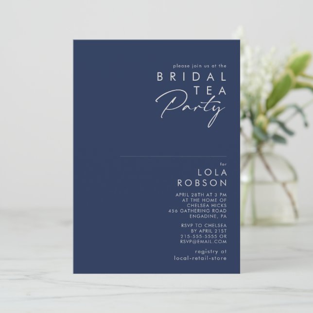 Modern Minimal Navy Blue Silver Bridal Tea Party Invitation (Standing Front)
