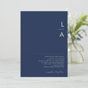 Modern Minimal Navy Blue Silver Monogram Wedding Invitation
