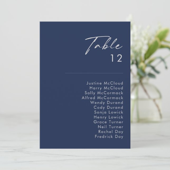 Modern Minimal Navy Blue Silver Table Number Chart (Standing Front)