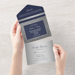 Modern Minimal Navy Blue Silver Wedding All In One Invitation