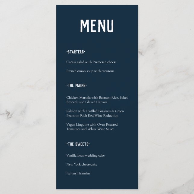 Modern Minimal Navy Blue Typography Wedding Menu (Front)