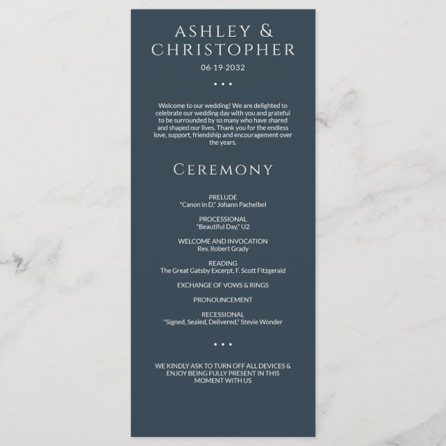 Modern Minimal Navy Blue Wedding Ceremony Programme (Front)