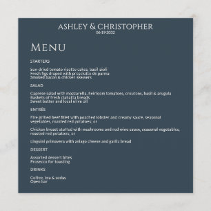Modern Minimal Navy Blue Wedding Reception Menu