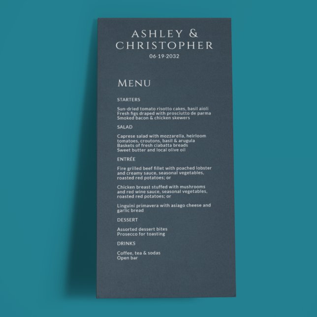 Modern Minimal Navy Blue Wedding Reception Menu (Creator Uploaded)