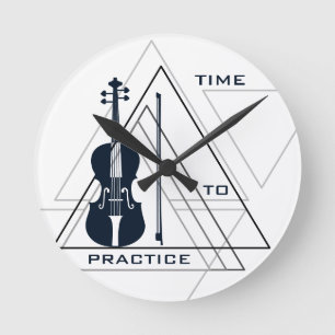 Modern Minimal Navy Blue & White Violin Designer Round Clock