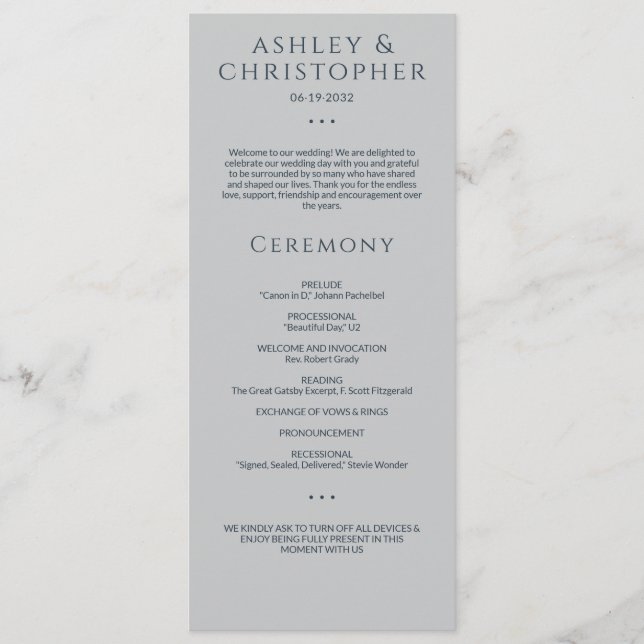 Modern Minimal Navy & Grey Wedding Ceremony Programme (Front)