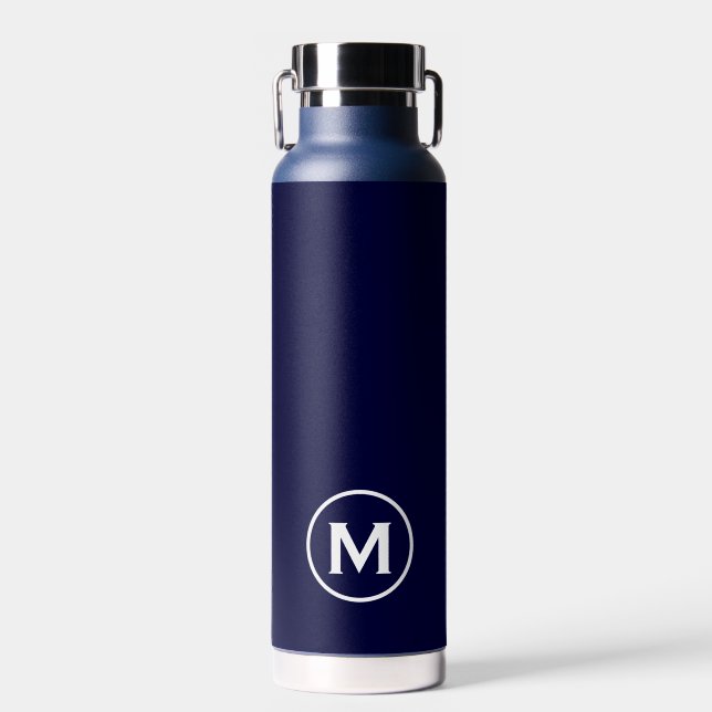 Modern Minimal Navy White Monogram Water Bottle (Front)