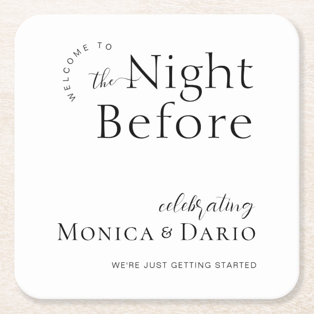 Modern Minimal | Night Before Rehearsal Dinner Square Paper Coaster (Front)