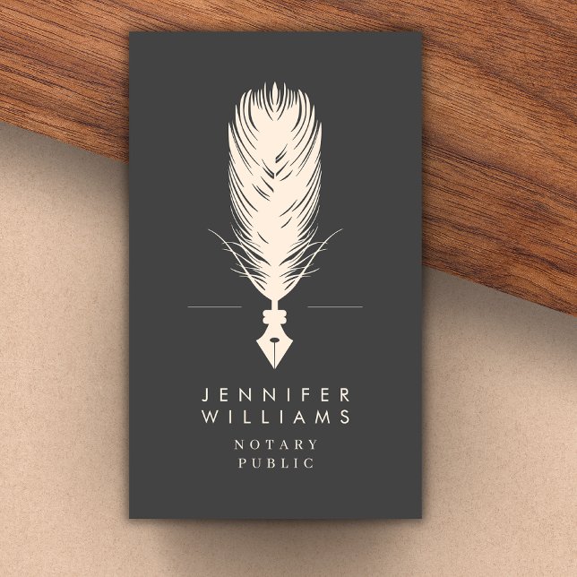 Modern Minimal Notary Public Quill Feather | Grey Business Card (Creator Uploaded)