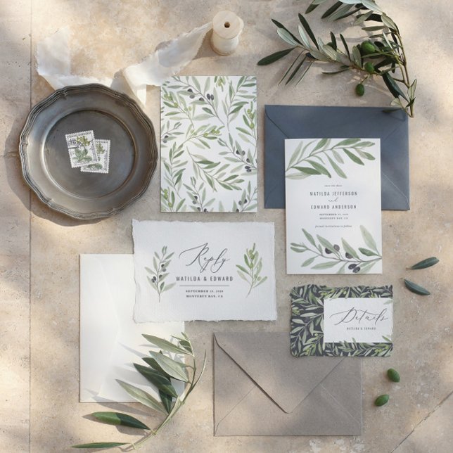 Modern minimal olive branch foliage wedding announcement (Creator Uploaded)