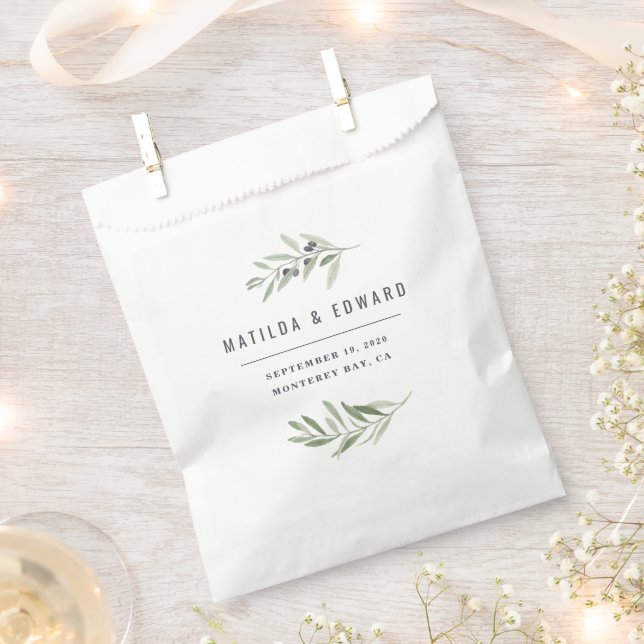 Modern minimal olive branch foliage wedding favour bags (Clipped)