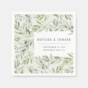 Modern minimal olive branch foliage wedding napkin