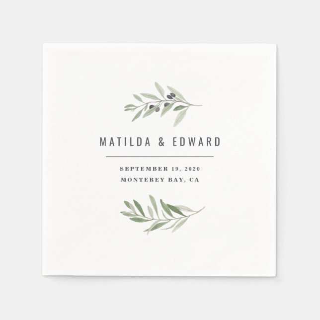 Modern minimal olive branch foliage wedding napkin (Front)