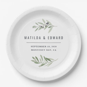Modern minimal olive branch foliage wedding party paper plate
