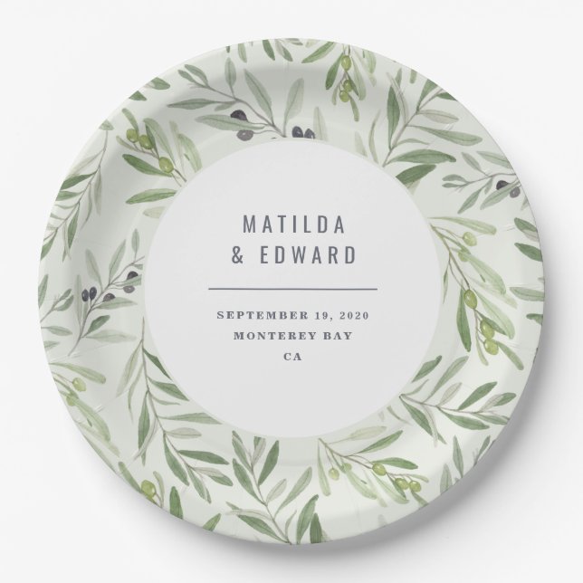Modern minimal olive branch foliage wedding party paper plate (Front)