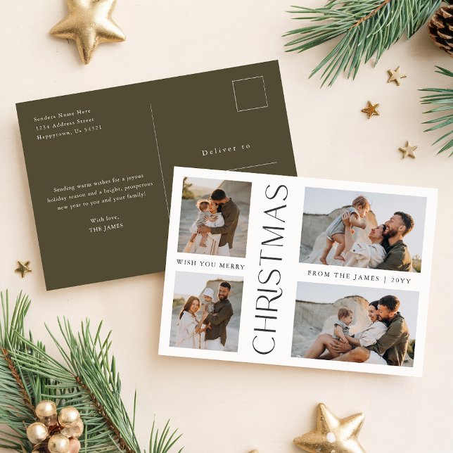 Modern Minimal Olive Green Four Photo Christmas Holiday Postcard (Creator Uploaded)