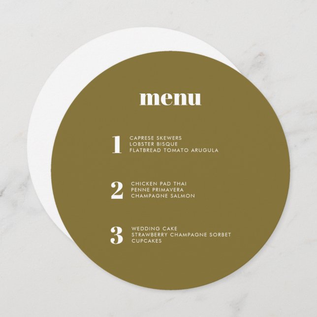 Modern Minimal Olive Green Round Circle Wedding Menu (Front/Back)